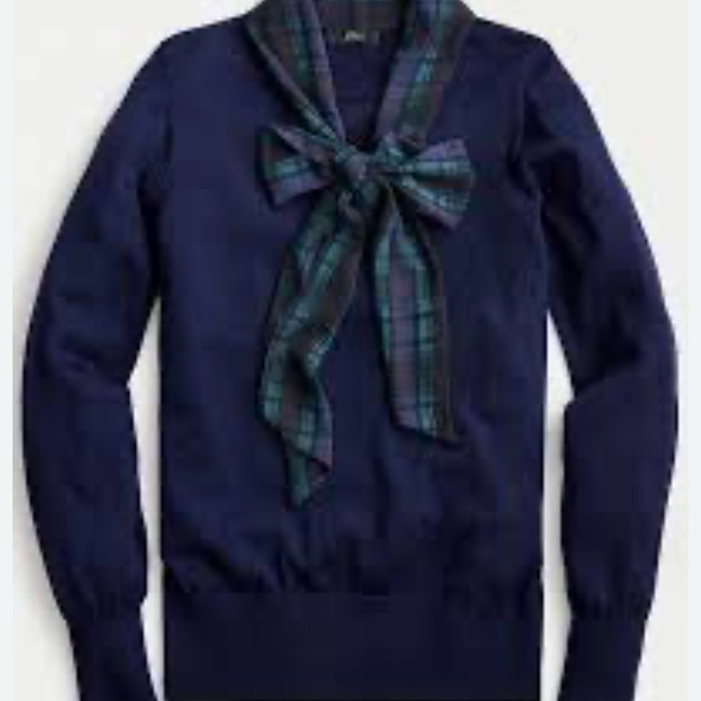 J.Crew XS Merino Wool Mock Neck Sweater Navy Tartan Tie Preppy Classic